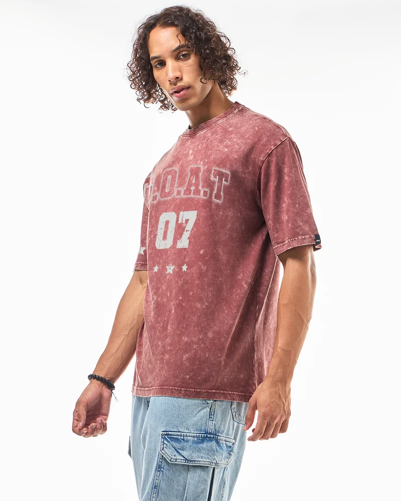 بيواكوف Men's Brick Red Goat 07 Typography Oversized Acid Wash T-shirt